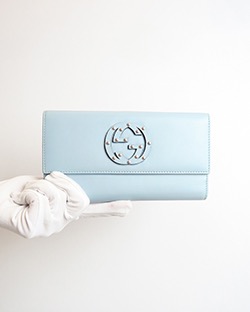 Gucci Studded Interlocking GG Wallet, Calfskin, Baby Blue, L, box, 534563